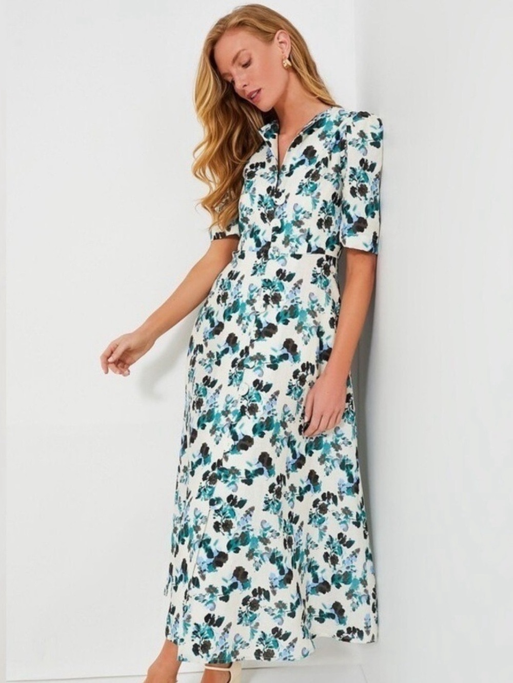 Tuckernuck Blue Blooms Linen Hadley Midi Dress Puff Sleeve XS NWT Button Front